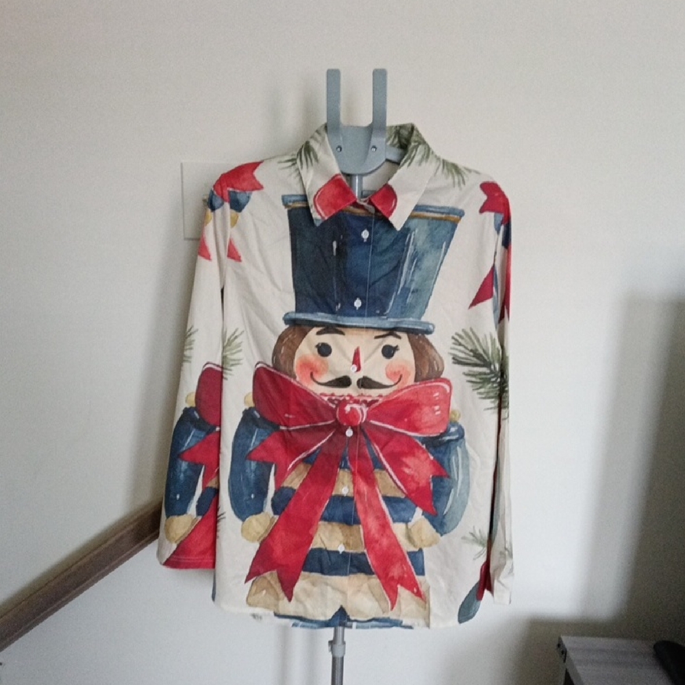 Nutcracker Print Button-Up Shirt with Red Bow